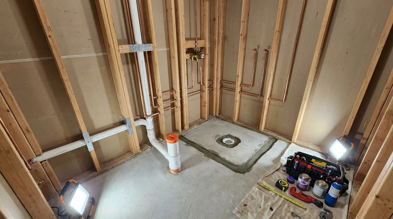 Bathroom rough-in plumbing during remodel by Johns Plumbing LLC in Harleigh