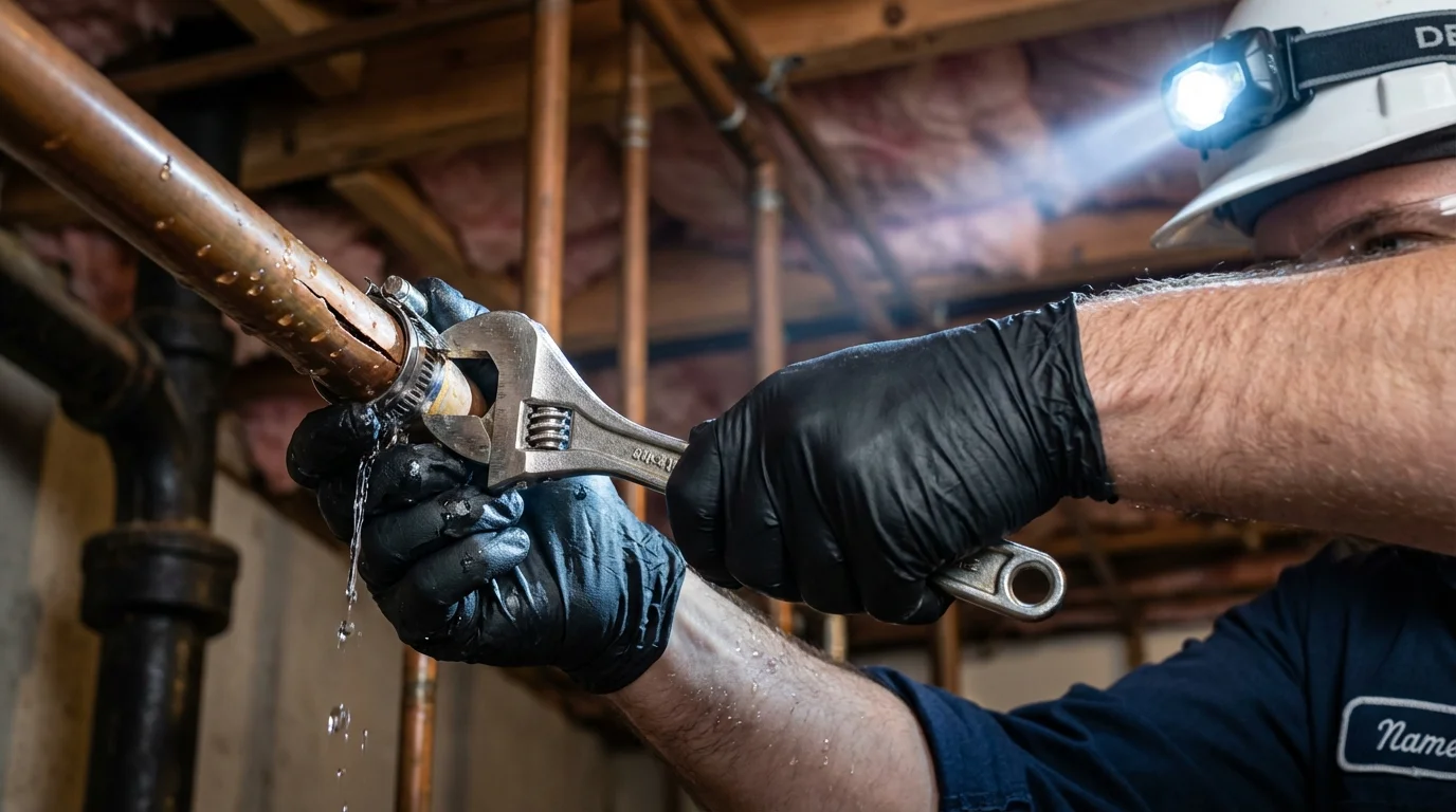 Emergency pipe clamp repair being performed by a Johns Plumbing LLC plumber in Harleigh