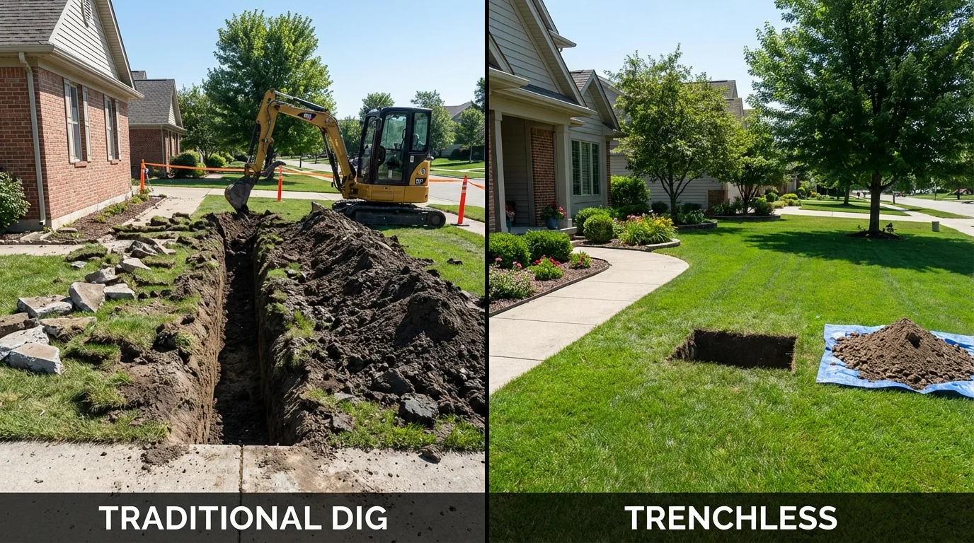 Trenchless sewer repair with minimal yard damage versus traditional excavation in Harleigh, PA