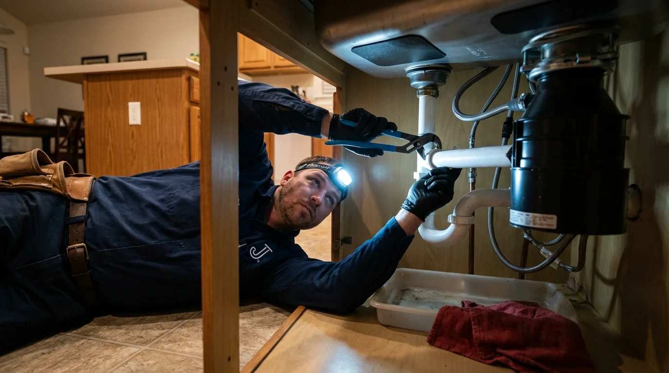 P-trap and supply line connections under a kitchen sink showing a common leak point in Harleigh, PA